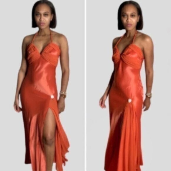 Jovani Silk Burnt Orange Plunged Neckline Maxi Bridesmaid Dress - Picture 1 of 15